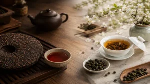 Srovnání čajů Pu Erh a Oolong s tmavým a světlým nálevem v tradičním čínském čajovém nádobí.